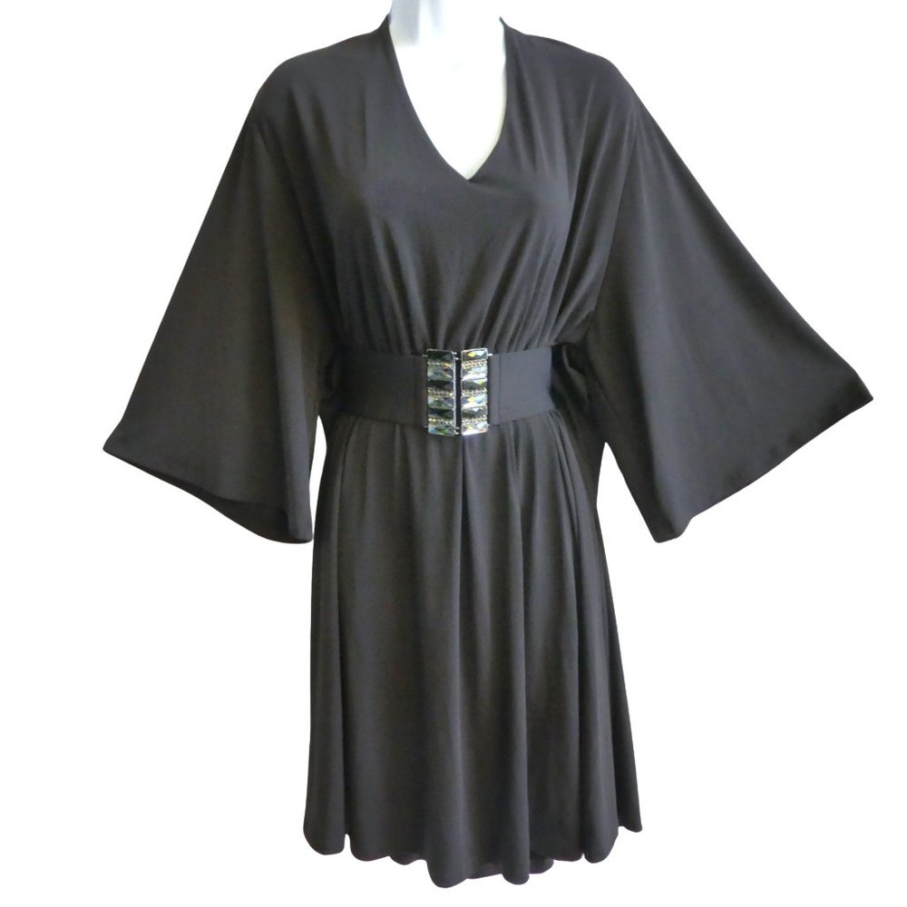 Vintage Marisa Kenson Black Jewel Belted V Neck Kimono Sleeves Spandex Comfy XL